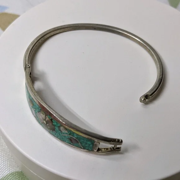 Taxco Mexico Silver, Turquoise Chip, And Abalone Hinged Floral Bracelet, 6.75" - Picture 2 of 4